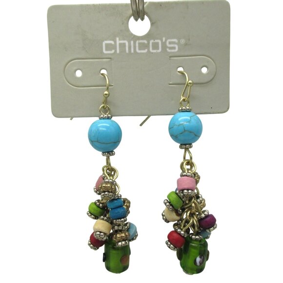 Chico's Cluster Earrings Beaded Turquoise Multi-Colored Handcrafted NWT - Picture 2 of 5